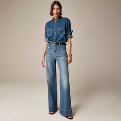 J.Crew: High-rise Sailor Denim Trouser In 1996 Semi-stretch For Women Denim Party, Sailor Jean, Clothing Board, Winter Mood, Warm Pants, Petite Size Chart, 2024 Style, Wide Trousers, Professional Wardrobe