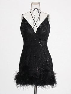 Black mini dress sequins and feather trims Glamorous Flapper Dress For Holiday Night Out, Glamorous Holiday Flapper Dress For Night Out, Black Sequin Dress With Spaghetti Straps For Cocktail, Black Sequin Cocktail Dress With Spaghetti Straps, Chic Sequin Dress With Feather Trim For Party, Black Glamorous Flapper Dress For Party Season, Glamorous Sequin Feather Dress For Night Out, Glamorous Feathered Sequin Dress For Night Out, Glamorous Black Flapper Dress For Party Season