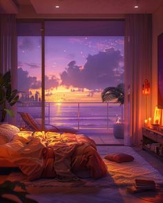 a bedroom with an ocean view at sunset