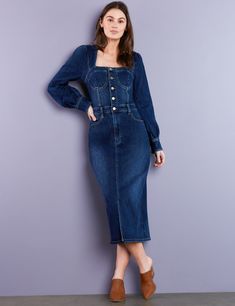 Premium Denim Puff Sleeve Corset Denim Midi Dress Denim Midi Dress, Night Blue, Cover Model, Premium Denim, Night Dress, Puff Sleeves, Puff Sleeve, Lab, Midi Dress