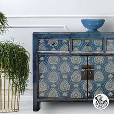 a blue cabinet with ornate designs painted on it and a plant in the corner next to it