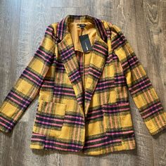 Fashion Nova Yellow And Pink Plaid Blazer Jacket. Brand New Multicolor Fall Blazer For Workwear, Multicolor Fall Blazer For Work, Multicolor Blazer For Fall Workwear, Multicolor Fall Workwear Blazer, Multicolor Blazer For Workwear In Fall, Trendy Multicolor Fall Blazer, Trendy Multicolor Blazer For Fall, Multicolor Casual Blazer For Fall, Casual Multicolor Fall Blazer