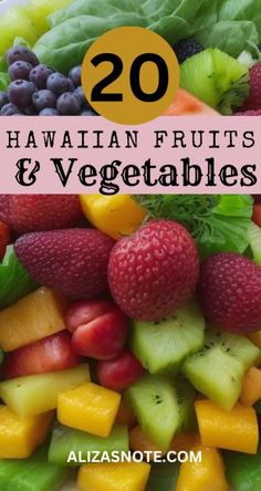 the words hawaiian fruits and vegetables are in front of a pile of fruit