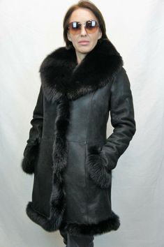 GORGEOUS 100% SHEEPSKIN SHEARLING LEATHER COAT WITH BUTTONS CLOSURE  COLLAR, EDGES AND CUFFS ARE MADE WITH REAL BLACK FOX FUR IT IS NOT LINED IN ANY WAYS, IT IS 100% GENUINE SHEARLING LEATHER/FUR THE FUR IS NOT ARTIFICIAL, IT IS REAL SHEEPSKIN FUR/WOOL NEW WITH TAG AVAILABE IN DIFFERENT SIZES FROM XS TO 6XL !!!!!  PLEASE SEE SIZING INFO BELOW   !!!!! !! US Seller. Item location is USA, and will be shipped the next day after payment is made !! Make sure you see my other real leather and shearling Fitted Sheepskin Outerwear For Winter, Fitted Long Sheepskin Coat, Fitted Sheepskin Long Coat, Fitted Sheepskin Fur Coat For Winter, Fitted Sheepskin Outerwear For Cold Weather, Fitted Leather Fur Coat For Cold Weather, Fitted Black Sheepskin Fur Coat, Fitted Black Sheepskin Outerwear, Black Fox