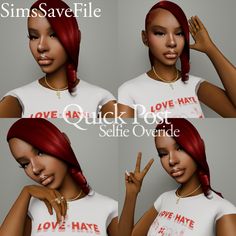 four different poses of a woman with red hair and white t - shirt saying quick post selfie overdrive