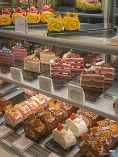 a display case filled with lots of different types of cakes