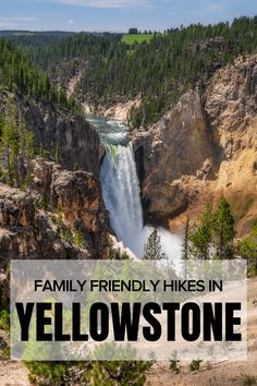 the yellowstone falls with text overlay that reads family friendly hikes in yellowstone