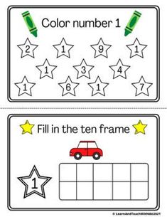 two worksheets with numbers 1 to 10 and stars in the background, one has a red car