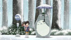 a person holding an umbrella standing in the snow with a totoro behind them