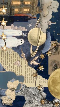 an altered collage with stars, moon and other things in the sky above it