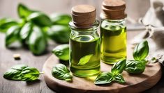 two bottles filled with green leaves on top of a wooden table