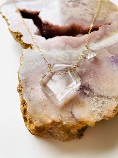 Clear Quartz with Herkimer Shield Necklace - 14kt gold filled or sterling Silver - healing crystal jewelry Clear Quartz Jewelry, April Birthstone Necklace, Clear Quartz Necklace, Rainbow Moonstone Necklace, Stone Statement Necklace, Healing Crystal Jewelry, Quartz Jewelry, Gold Necklace Layered, Gemstone Necklace Pendant