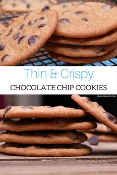 chocolate chip cookies stacked on top of each other with the words thin & crispy above them