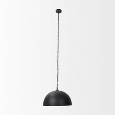 a black pendant light hanging from a chain