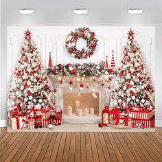 a fireplace decorated with christmas trees and presents