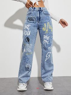 Light Wash  Collar  Denim Floral,Slogan Straight Leg Embellished Non-Stretch  Women Clothing Custom Jeans Diy, Celana Fashion, Painted Clothes Diy, Haine Diy, Mode Hipster, Shein Icon, Custom Jeans, Mode Jeans, Moda Jeans