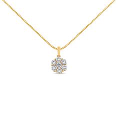 Add a floral touch to your everyday jewelry wear with this stunning 2 cttw diamond cluster pendant. This necklace boasts 7 natural, round-cut diamonds in a flower motif that is created in genuine 14k Yellow Gold. The pendant hangs off of a 14k Yellow Gold 18" box chain. Add this flower piece to your jewelry collection to elevate all your outfits. Cluster Bracelets, Flower Cluster, Cluster Necklace, Flower Motif, Cluster Pendant, Diamond Cluster Ring, Pendant Design, Brilliant Diamond, Diamond Cluster