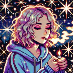 a painting of a woman holding a lit candle in her hand and wearing a hoodie