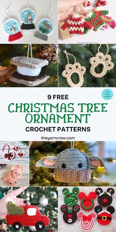 crochet christmas tree ornaments with text overlay that reads, 9 free christmas tree ornament crochet patterns