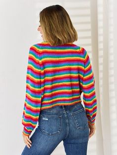 Stay cozy and bright in our Rainbow Striped Long Sleeve Sweater. Perfect for chilly days, this sweater will keep you comfortably warm while making a statement with its vibrant stripes. A fun and playful addition to any wardrobe. Features: Basic style Stretch: Moderate stretch Material composition: 100% polyester Care instructions: Machine wash cold. Tumble dry low. Imported Product measurements:S:Bust 39.37 in, Sleeve Length 25.98 in, Top Length 16.93 inM:Bust 40.94 in, Sleeve Length 26.38 in, T Trendy Rainbow Long Sleeve Sweater, Trendy Long Sleeve Rainbow Sweater, Colorful Trendy Winter Tops, Trendy Colorful Winter Tops, Trendy Rainbow Sweater For Fall, Multicolor Casual Crew Neck Cardigan, Trendy Multicolor Soft Knit Sweater, Casual Multicolor Crew Neck Cardigan, Cute Striped Long Sleeve Sweater