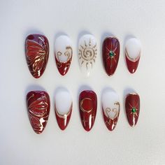 Butterfly nails，Red Nails，Sun nails，custom nails,long nails ,short nails ,long Coffin Nails,short Coffin Nails,long almond nails,short almond nails,Spring Nails,summer Nails,fall nails,fake nails,presson nails,kawaii nails,gyaru nails,glue on nails,false nails,cute nails,christmas nails,chrome nails,Stiletto Nail,Princess nails,Fairy Nails, Elegant nails,Trendy nails 🌸About the product  1.Each set include 10 nails of 100% handmade  2. Cuticle stick 3. Nail file 4. Jelly glue set 5. Packaging st Nail Art Designs Red And Gold, Red N Gold Nails, Saltburn Nails, Christmas Burgundy Nails, Red Gold And White Nails, Cherry Red And Gold Nails, Intricate Nail Art, Gold Red Nails, Vintage Nail Designs