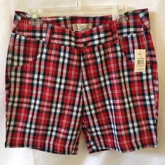 Faith Plaid Bermuda--Red Black Blue White Size 8--W--32"--Hip--40"--Inseam--8 1/4"--Rise 10" Classic Fit--Cotton Poly--Zipper Fly-2 Front Pockets--Back Pockets Are Faux New With Tags Red Plaid Shorts, Bermuda Shorts Women, Liverpool Jeans, Studded Denim, Shorts Cotton, Flowy Shorts, Mid Rise Shorts, Eddie Bauer Women, Boyfriend Style