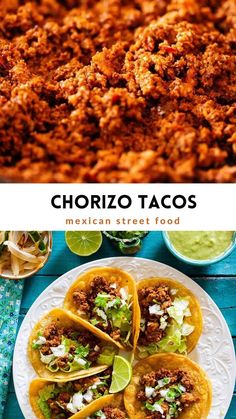 mexican street food with chorizo tacos and guacamole on the side