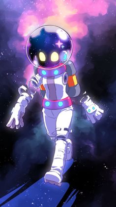 an astronaut is walking through space with his arms out and hands in the air,