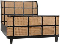 a black and brown bed with wicker panels on the headboard is shown in front of a white background