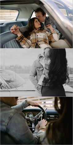 two people sitting in a car, one kissing the other