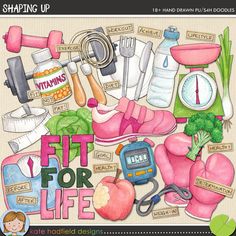 a digital clipart with the words fit for life and various items to be used on it