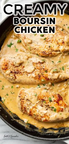 creamy bourssin chicken in a skillet with gravy on the side