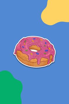 a donut with pink icing and sprinkles sitting on a blue background