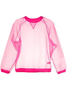 hot pink organza semi-sheer construction tonal stitching crew neck long raglan sleeves elasticated cuffs elasticated hem Sheer Mesh Top With Crew Neck, Pink Sheer Stretch Mesh Top, Pink Stretch Sweatshirt For Spring, Pink Stretch Mesh Top With Long Sleeves, Pink Long Sleeve Stretch Mesh Top, Pink Top With Sheer Sleeves For Fall, Pink Sheer Sleeve Top For Fall, Spring Nylon Tops With Sheer Sleeves, Spring Tops With Sheer Sleeves In Nylon