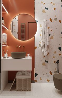 a bathroom with a sink, mirror and towel rack in the corner on the wall