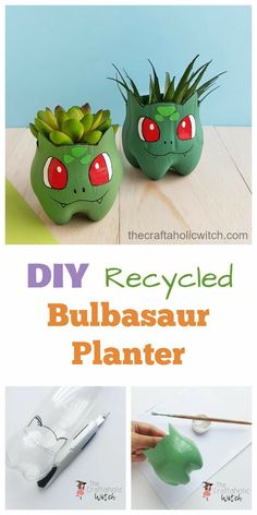 the instructions for how to make a diy recycled bulbasaur planter