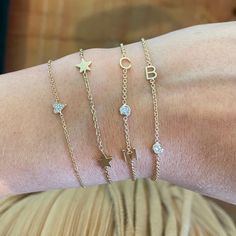 Always shine like a star with our Gold Star Bracelet! She is a fantastic addition to your bracelet stack, but can be worn on its own. Wrist Stack, Wrist Stacks, Bezel Set Diamond, Initial Bracelet, Star Bracelet, Gold Initial, Engagement Ring Wedding Band, Custom Engagement Ring, Jewelry Case