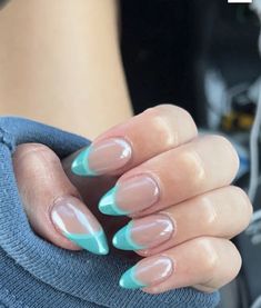 French Tips Teal, Light Blue French Tip With Chrome, Teal Almond Nails Designs, Teal Chrome French Tip Nails, Teal French Tip Nails Turquoise, French Tip Nails Teal, Teal French Nails, Teal French Tips, Teal French Tip Nails