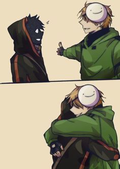 two anime characters hugging each other and one is wearing a green jacket with a hoodie on