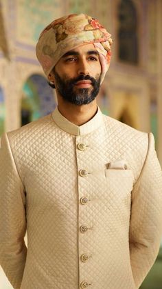 Nikkah Sherwani, Nawabi Style Men, Wedding Suits Men Indian, Rajputana Dress, Men Ethnic Wear India, Indian Menswear, Turban Fashion, Mens Indian Wear, Sabyasachi Mukherjee