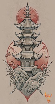 a drawing of a pagoda with mountains and trees in the background