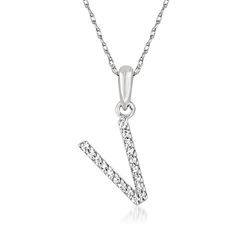 Ross-Simons - V - Diamond-Accented Initial Pendant Necklace in 14kt White Gold. 16". Don't forget to put yourself first! Our dazzling diamond-accented pendant necklace, featuring the letter "V," shines light on who you are and what you stand for. Perfect for completing layers with personality or just wearing as an everyday accessory. Set in 14kt white gold. Rope chain includes a 2" extender. Springring clasp, diamond-accented initial pendant necklace. Diamond birthstones are the perfect gift for Pendant Necklace Diamond, Put Yourself First, Diamond Birthstone, Necklace Diamond, Initial Pendant Necklace, Letter V, Buying Diamonds, Everyday Accessories, Initial Pendant