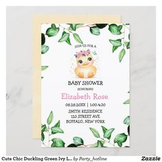 a baby shower is shown with green leaves and pink flowers on the bottom half of it