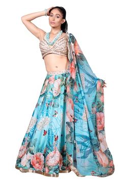 Blue lehenga with an attached cancan, floral and hindi alphabet digital print and metallic sequins hand embroidery. Comes with a padded blouse and a dupatta. - Aza Fashions Blue Floral Print Wedding Sets, Fitted Blue Pre-draped Saree With Floral Print, Blue Bollywood Lehenga With Floral Print, Blue Floral Print Choli For Festive Occasions, Festive Blue Floral Print Choli, Blue Floral Pre-draped Saree For Festive Occasions, Blue Bohemian Georgette Lehenga, Bohemian Blue Georgette Lehenga, Blue Floral Print Pre-draped Georgette Saree