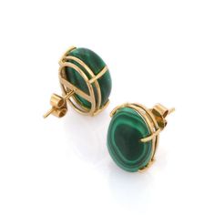 This is part of Chairish’s Fine Jewelry assortment.  Studs create a subtle beauty while showcasing the colors of the natural precious gemstones.  Oval cut solitaire malachite studs in 18K gold. Embrace your look with these stunning pair of earrings suitable for any occasion to complete your outfit.  PRODUCT DETAILS :-  > Material - 18K Solid Yellow Gold > Gemstone - Malachite  > Gemstone Weight - 12.45 ct > Gemstone pcs - 2 > Gemstone shape - Oval > Gemstone size -  21 x 13.5 mm > Gross Weight - 12.45 Grm > Setting - Prong setting > Length - 21 mm Chanel Stud Earrings, Art Deco Boho, Subtle Beauty, Boho Chic Earrings, Opal Earrings Stud, Solitaire Studs, Opal Studs, Modern Earrings, Sterling Silver Earrings Studs