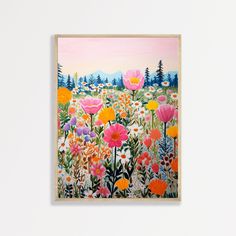 a painting on a wall with flowers in the foreground and trees in the background