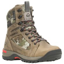 a pair of men's work boots with camouflage print and red accents on the outstep