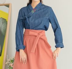 This is a Korean Modern Hanbok long sleeve blouse/shirt(Jeogori) for Women. This hanbok is modernly designed so you can wear it comfortably and beautifully. This modern hanbok is perfect dress for daily and celebrations such as parties or various events. ⭐Please check out the link below for the coral skirt, the model is wearing in the photo. https://www.etsy.com/listing/1053328488/ ⭐Please check out the link below for the wool skirt, the model is wearing in the photo. https://www.etsy.com/listin Long Sleeve Denim Blouse For Work, Long Sleeve Denim Blouse, Fitted Long Sleeve Denim Blouse, Fitted Denim Long Sleeve Blouse, Hanbok Women, Casual Party Dress, Party Dress For Women, Coral Skirt, Modern Hanbok