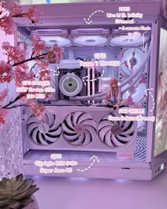 the inside of a computer case is shown with parts labeled in pink and purple colors