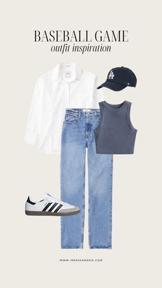 10 Outfit Ideas to Wear to A Baseball Game | Erika Marie Baseball Game Outfit Ideas, Game Outfit Ideas, Trendy Outfits For Women, Baseball Game Outfit, Samba Outfits, Budget Hacks, Samba Outfit, Look Adidas, Game Outfit